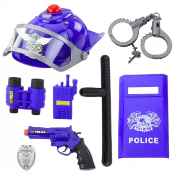 LEAN TOYS Policijos rinkinys vaikams su šalmu, pistoletu, antrankiais ir aksesuarais - 9 vnt.