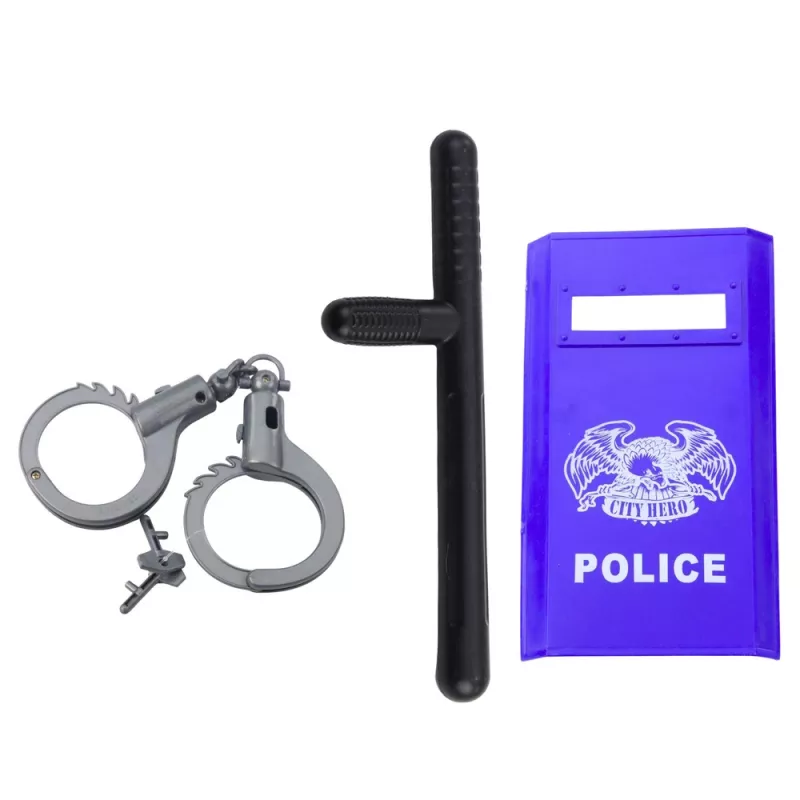 LEAN TOYS Policijos rinkinys vaikams su šalmu, pistoletu, antrankiais ir aksesuarais - 9 vnt.