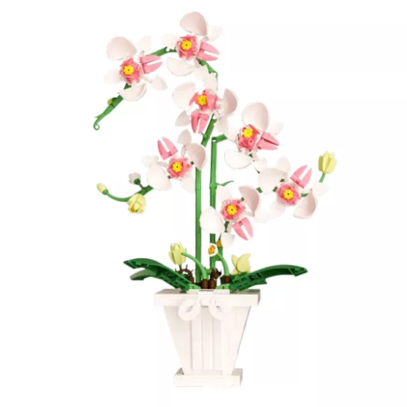 LEAN TOYS Orchidėjos konstrukciniai blokeliai Orchidėja vazone rožinė ir balta 718 vnt.