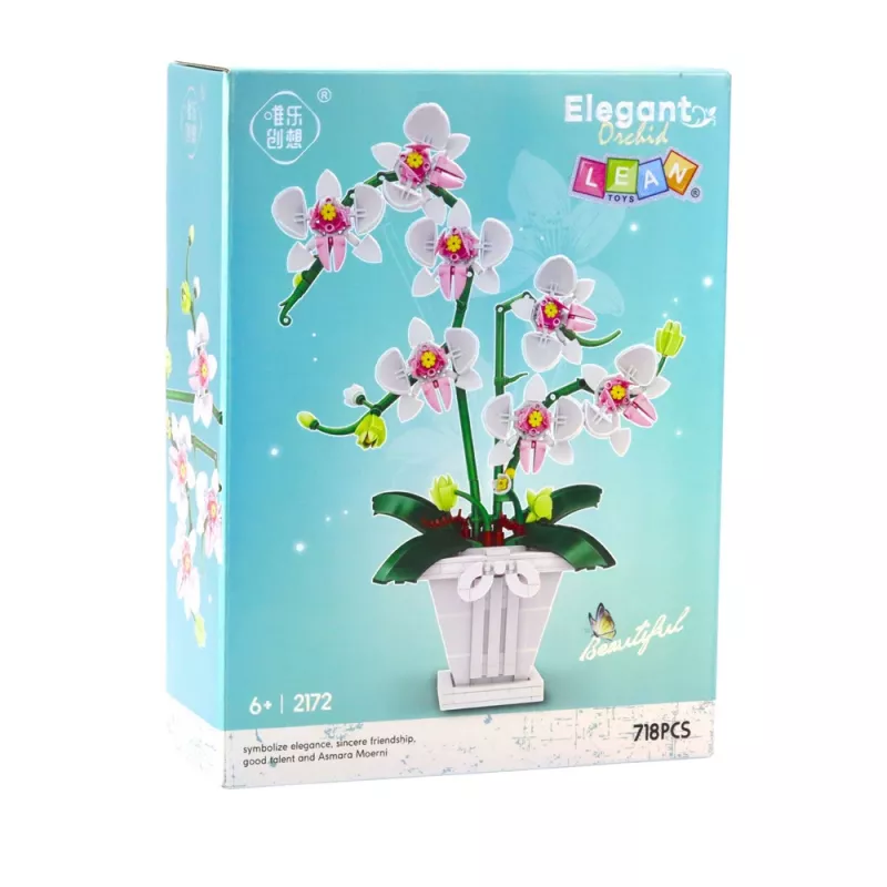 LEAN TOYS Orchidėjos konstrukciniai blokeliai Orchidėja vazone rožinė ir balta 718 vnt.
