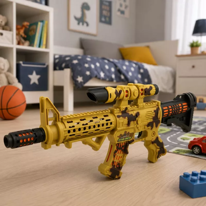 LEAN TOYS žaislinis šautuvas su kamufliažu, taikikliu, judamu duslintuvu, šviesomis ir garsais, 54 cm