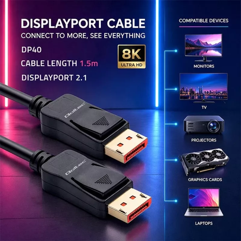 QOLTEC DisplayPort kabelis M/M v2.1 40G 1,5 m