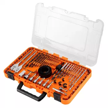 NEO TOOLS 90 dalių grąžtų ir atsuktuvų antgalių rinkinys su veržliarakčiais ir skylėtų pjūklų diskais