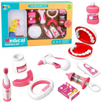 LEAN TOYS Mažojo odontologo rinkinys su vibruojančiu dantų šepetėliu, rožinis, 15 vnt.