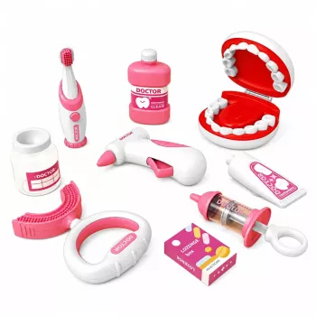 LEAN TOYS Mažojo odontologo rinkinys su vibruojančiu dantų šepetėliu, rožinis, 15 vnt.