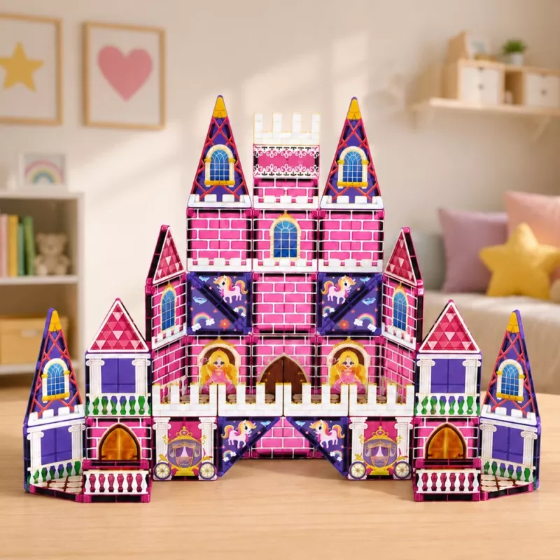 LEAN TOYS Magnetiniai konstrukciniai blokeliai Princesės pilis rožinė 58 vnt.