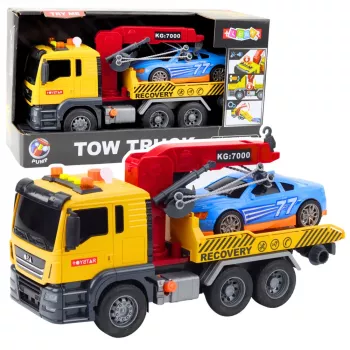 LEAN TOYS vilkikas su kranu ir lenktyniniu automobiliu – šviesų ir garso efektų žaidimų rinkinys