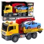 LEAN TOYS vilkikas su kranu ir lenktyniniu automobiliu – šviesų ir garso efektų žaidimų rinkinys