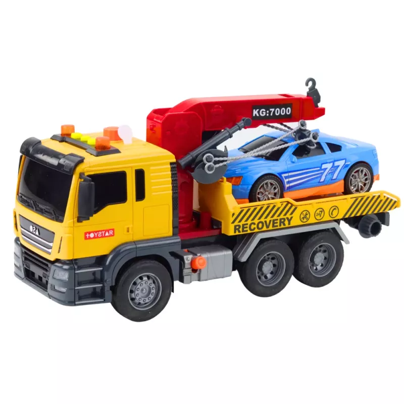 LEAN TOYS vilkikas su kranu ir lenktyniniu automobiliu – šviesų ir garso efektų žaidimų rinkinys