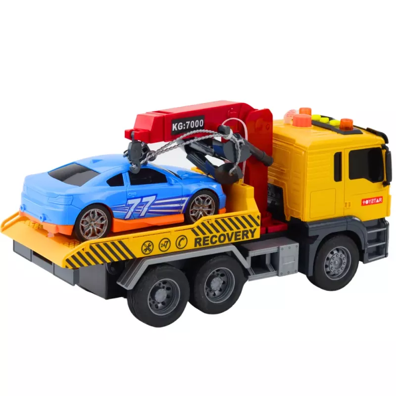 LEAN TOYS vilkikas su kranu ir lenktyniniu automobiliu – šviesų ir garso efektų žaidimų rinkinys
