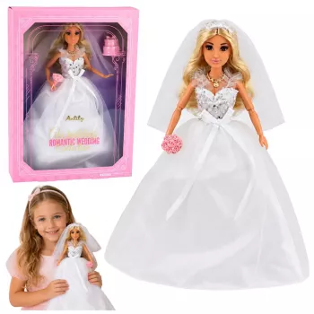 LEAN TOYS Anlily nuotakos lėlė su blizgučiais puošta vestuvine suknele, šydu, puokšte, tortu, bateliais, 29 cm