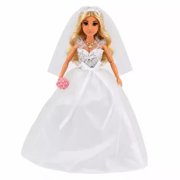 LEAN TOYS Anlily nuotakos lėlė su blizgučiais puošta vestuvine suknele, šydu, puokšte, tortu, bateliais, 29 cm