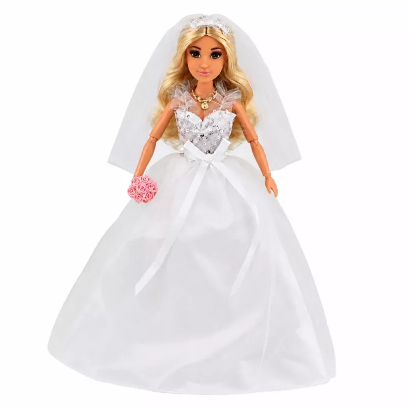 LEAN TOYS Anlily nuotakos lėlė su blizgučiais puošta vestuvine suknele, šydu, puokšte, tortu, bateliais, 29 cm