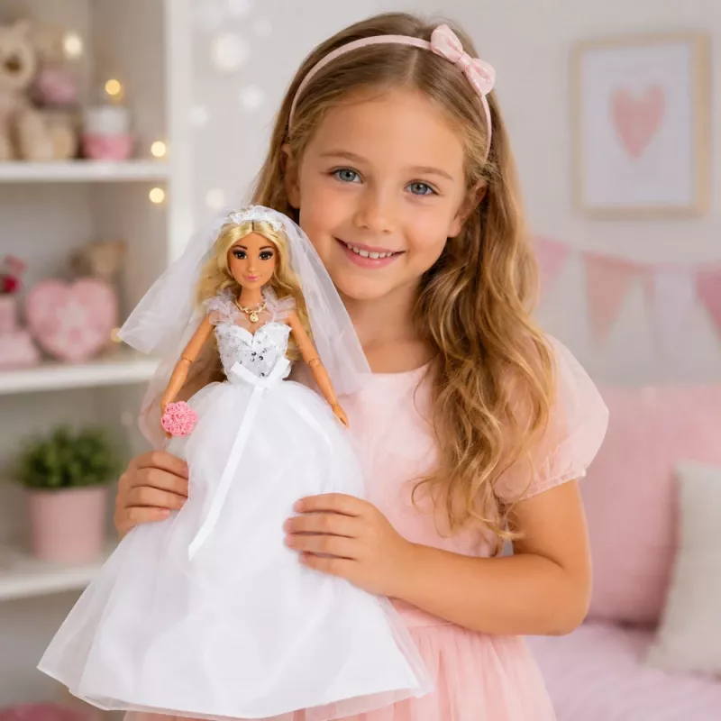 LEAN TOYS Anlily nuotakos lėlė su blizgučiais puošta vestuvine suknele, šydu, puokšte, tortu, bateliais, 29 cm