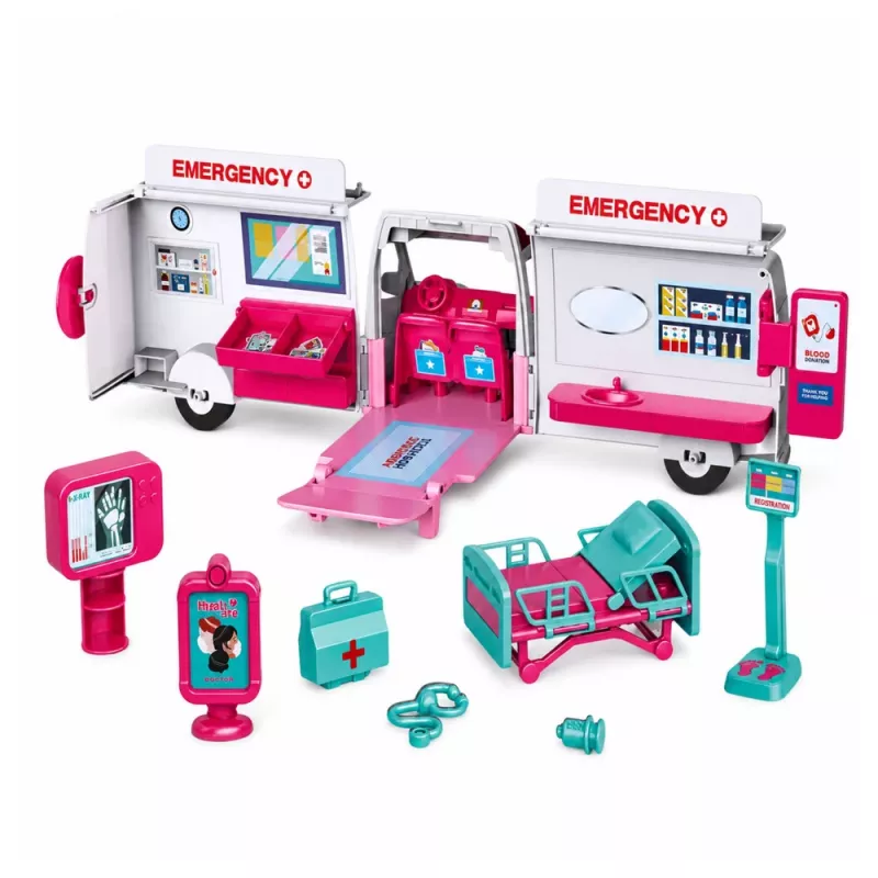 LEAN TOYS sulankstomas greitosios pagalbos automobilis lėlėms, ligoninės mini lėlių aksesuarai, 11 vnt.