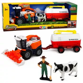 LEAN TOYS Kombainas su pienovežiu, ūkininko ir karvės figūrėlėmis, šviesos ir garsai, 4 dalių ūkio žaidimų rinkinys