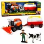 LEAN TOYS Kombainas su pienovežiu, ūkininko ir karvės figūrėlėmis, šviesos ir garsai, 4 dalių ūkio žaidimų rinkinys