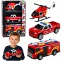 LEAN TOYS Gaisrinės tarnybos transporto priemonių rinkinys: sraigtasparnis ir automobilis, su šviesomis ir garsais 1:32