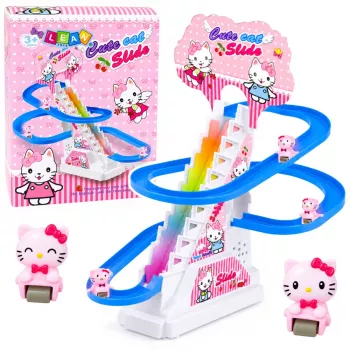 LEAN TOYS vikšrinė čiuožykla kačiukams su judančiais laipteliais, figūrėlėmis, šviesomis ir garsais – interaktyvus kačių žaislas