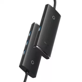 Baseus Lite Series 4 prievadų USB 3.0 šakotuvas - 5Gbps, maitinamas iš magistralės, juodas (WKQX030101)