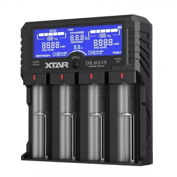 XTAR VP4L Plus 4 lizdų Li-ion/Ni-MH akumuliatorių įkroviklis su LCD ekranu, 2A greitasis įkrovimas, Power Bank funkcija