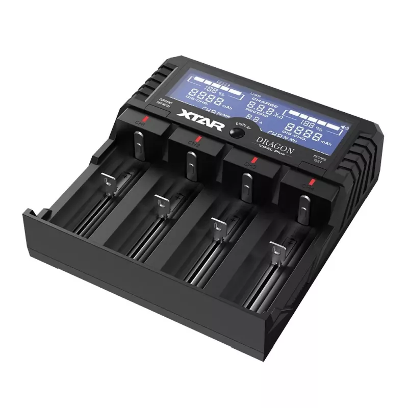 XTAR VP4L Plus 4 lizdų Li-ion/Ni-MH akumuliatorių įkroviklis su LCD ekranu, 2A greitasis įkrovimas, Power Bank funkcija