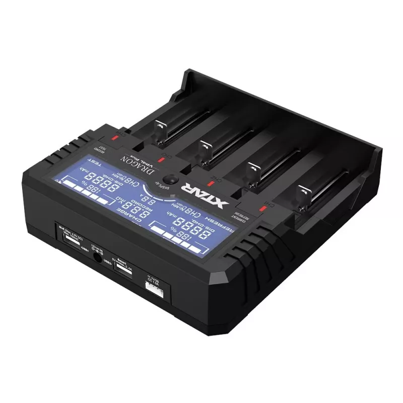 XTAR VP4L Plus 4 lizdų Li-ion/Ni-MH akumuliatorių įkroviklis su LCD ekranu, 2A greitasis įkrovimas, Power Bank funkcija