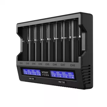 XTAR VC8S USB-C 8 lizdų išmanusis baterijų įkroviklis su QC3.0 adapteriu, skirtas Li-ion/Ni-MH