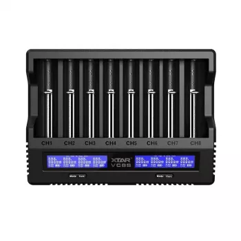 XTAR VC8S USB-C 8 lizdų išmanusis baterijų įkroviklis su QC3.0 adapteriu, skirtas Li-ion/Ni-MH