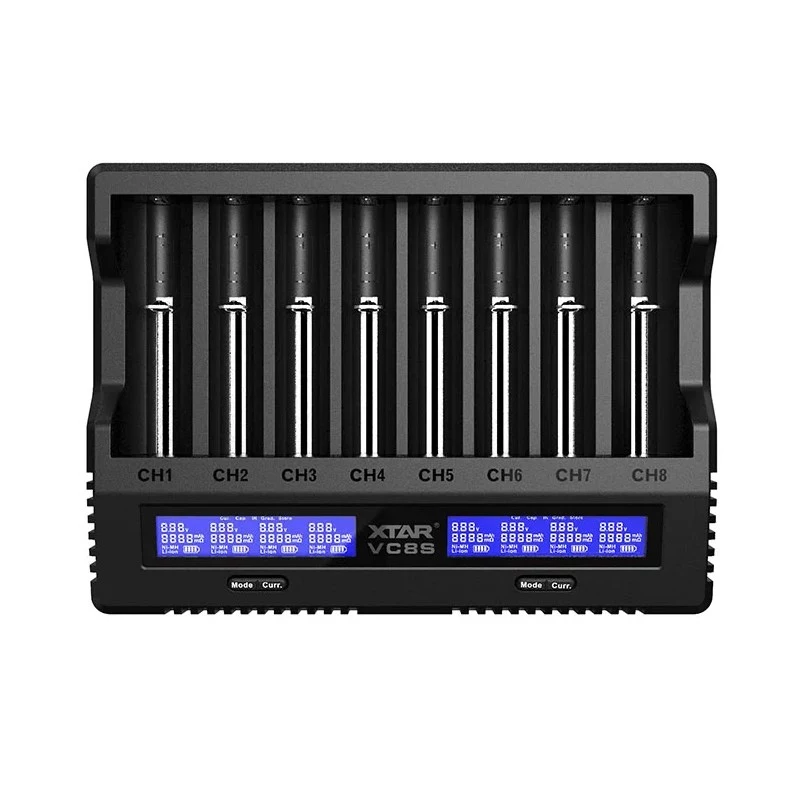 XTAR VC8S USB-C 8 lizdų išmanusis baterijų įkroviklis su QC3.0 adapteriu, skirtas Li-ion/Ni-MH