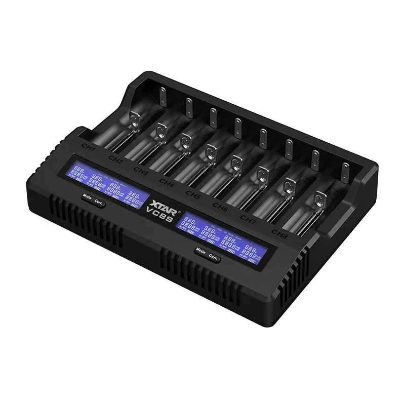 XTAR VC8S USB-C 8 lizdų išmanusis baterijų įkroviklis su QC3.0 adapteriu, skirtas Li-ion/Ni-MH