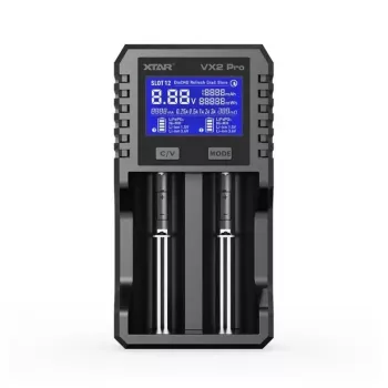 XTAR VX2 PRO KT 2 lizdų Li-ion akumuliatorių įkroviklis su USB-C QC3.0 ir Power Bank