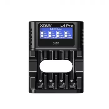 XTAR L4 PRO universalus išmanusis baterijų įkroviklis, skirtas Li-ion ir Ni-MH/Ni-CD, su USB-C ir LCD ekranu