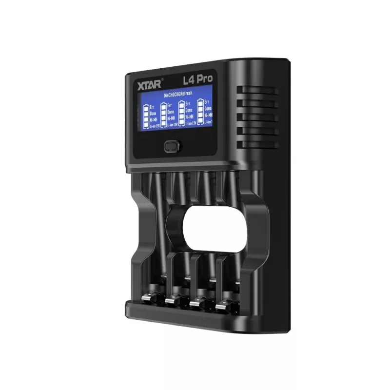 XTAR L4 PRO universalus išmanusis baterijų įkroviklis, skirtas Li-ion ir Ni-MH/Ni-CD, su USB-C ir LCD ekranu