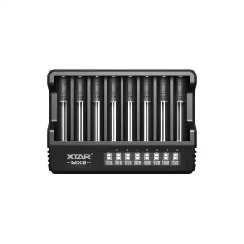 XTAR MX8 8 lizdų USB-C universalus akumuliatorių įkroviklis, skirtas Li-ion/Ni-MH, 0.25A-2A, LED indikatoriai, 0V aktyvinimas