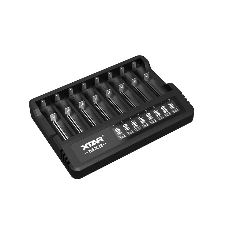 XTAR MX8 8 lizdų USB-C universalus akumuliatorių įkroviklis, skirtas Li-ion/Ni-MH, 0.25A-2A, LED indikatoriai, 0V aktyvinimas