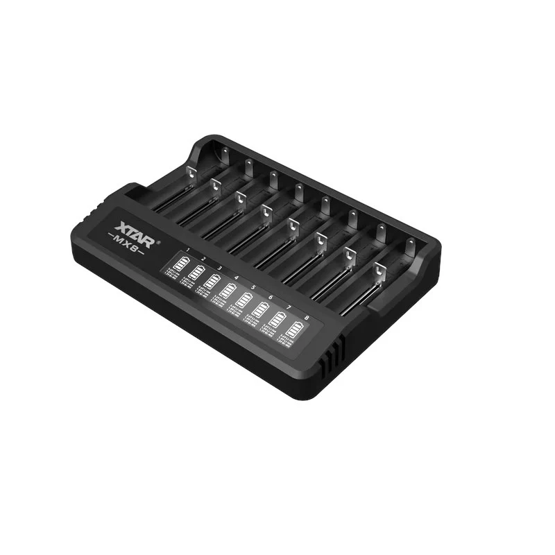 XTAR MX8 8 lizdų USB-C universalus akumuliatorių įkroviklis, skirtas Li-ion/Ni-MH, 0.25A-2A, LED indikatoriai, 0V aktyvinimas