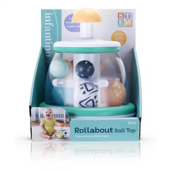B-KIDS Rollabout Ball Top Infantino – mėtų spalvos rikiavimo ir sukimo žaislas su barškančiais karoliukais kūdikiams nuo 6 mėn.