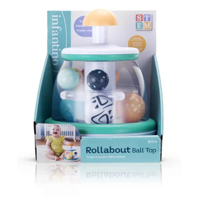 B-KIDS Rollabout Ball Top Infantino – mėtų spalvos rikiavimo ir sukimo žaislas su barškančiais karoliukais kūdikiams nuo 6 mėn.