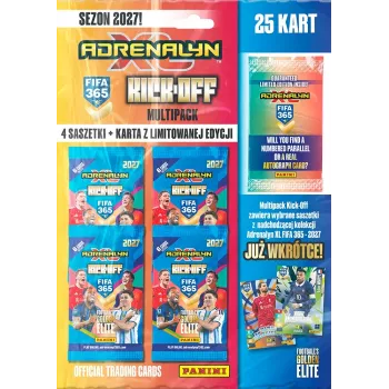 Panini FIFA 365 2027 Adrenalyn XL prekybos kortelių multipaketas Kick off – 6 papildymo pakelių + 2 riboto leidimo kortelės