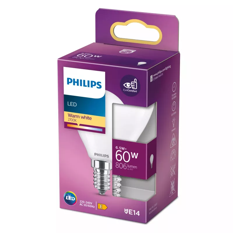 Philips LED Classic 5.5W E14 P45 šiltai balta 806lm matuota lemputė (60W atitikmuo)