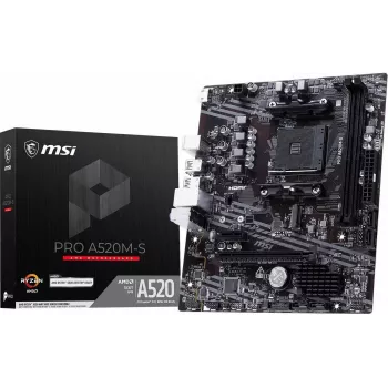 MSI A520M-S AMD A520 AM4 Micro-ATX pagrindinė plokštė - DDR4, HDMI, DVI, VGA, Gigabit LAN
