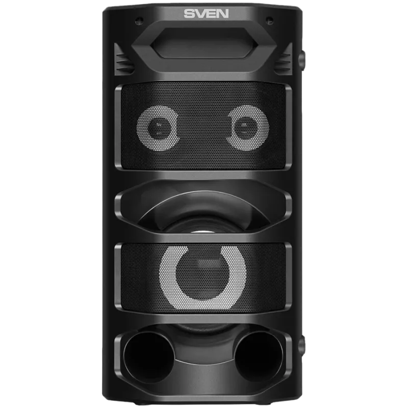2.0 nešiojamas garsiakalbis SVEN PS-670, juodas, galia 2x32,5W (RMS), TWS, Bluetooth, FM, USB, microSD, LED ekranas, nuotolinio valdymo pultas, ličio baterija