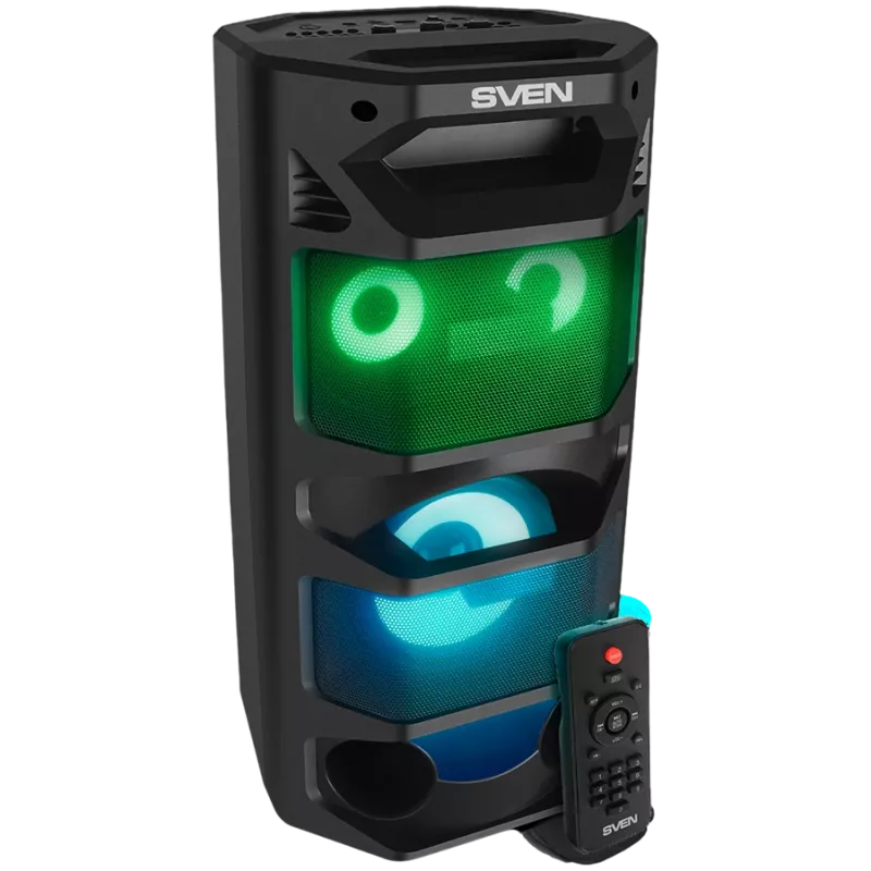 2.0 nešiojamas garsiakalbis SVEN PS-670, juodas, galia 2x32,5W (RMS), TWS, Bluetooth, FM, USB, microSD, LED ekranas, nuotolinio valdymo pultas, ličio baterija