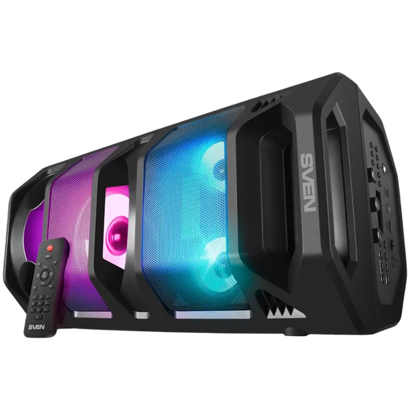 2.0 nešiojamas garsiakalbis SVEN PS-670, juodas, galia 2x32,5W (RMS), TWS, Bluetooth, FM, USB, microSD, LED ekranas, nuotolinio valdymo pultas, ličio baterija