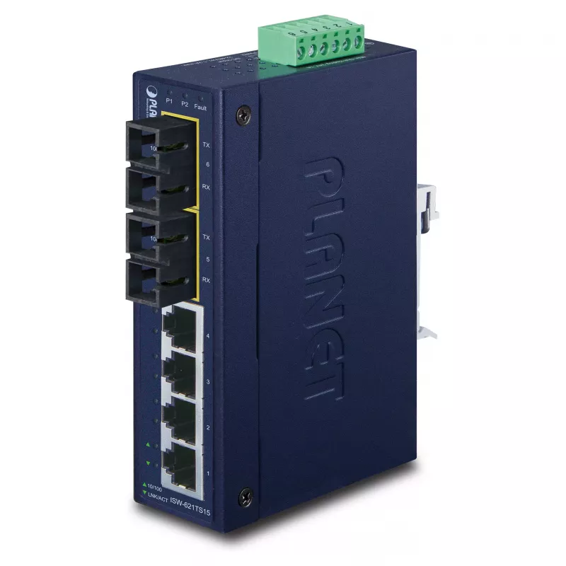 PLANET ISW-621TS15 Pramoninis nevaldomas L2 Fast Ethernet jungiklis su 4x 10/100 + 2x 100Base-FX SC kelių režimų, DIN bėgelis/sieninis montavimas, -40 iki 75°C