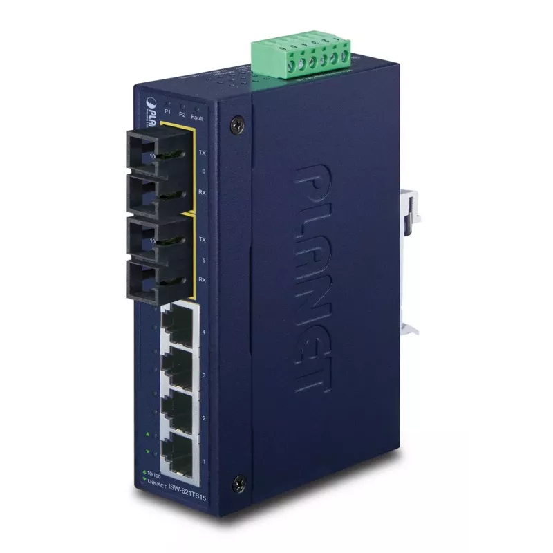 PLANET ISW-621TS15 Pramoninis nevaldomas L2 Fast Ethernet jungiklis su 4x 10/100 + 2x 100Base-FX SC kelių režimų, DIN bėgelis/sieninis montavimas, -40 iki 75°C