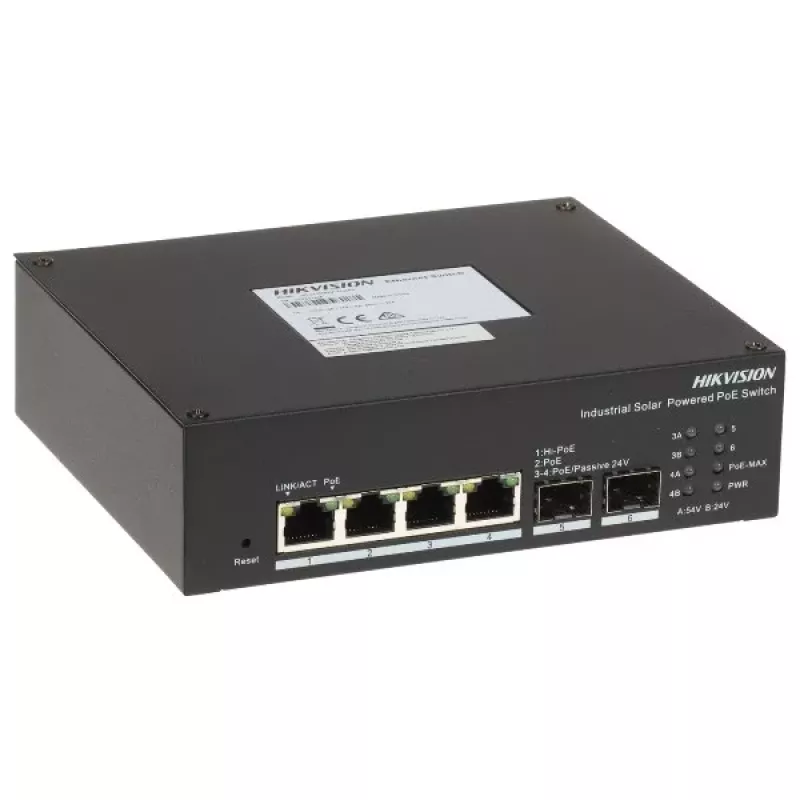 Hikvision DS-3T1506HP-EI-UPS LinkVu Smart Managed Industrial Solar PoE Switch, 6 prievadų, 4x PoE++ 90W, 110W biudžetas, įmontuotas UPS