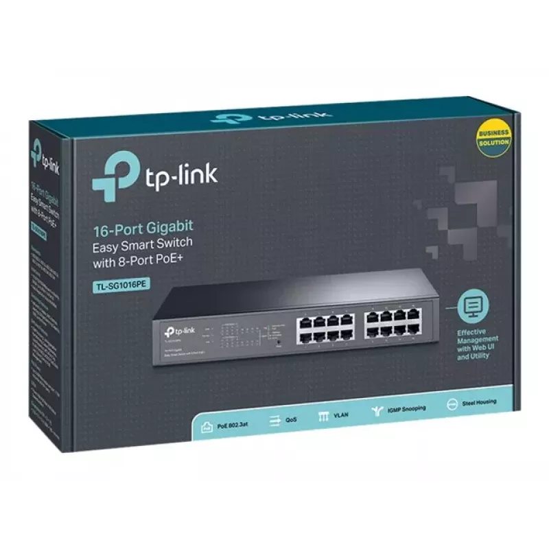 TP-LINK TL-SG1016PE 16 prievadų Gigabit Easy Smart PoE+ jungiklis (110W, 8 PoE+ prievadai, montuojamas į stovą)