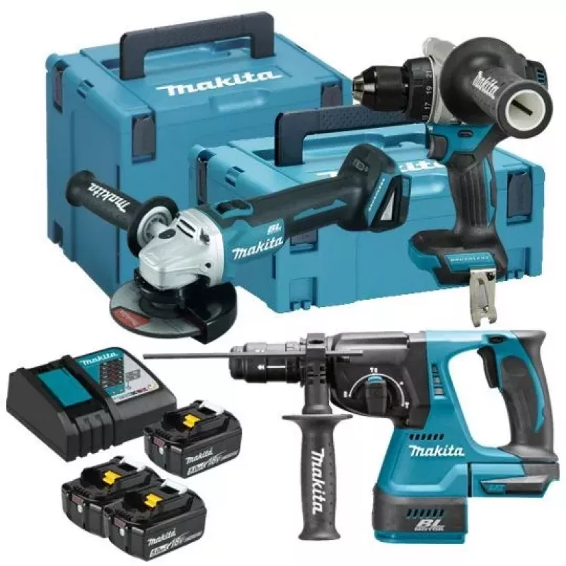 Makita 18V LXT Kombinuotas rinkinys DLX3202TJ (3x5.0Ah, 2x Makpac dėklai) - DHP482, DGA506, DHR243